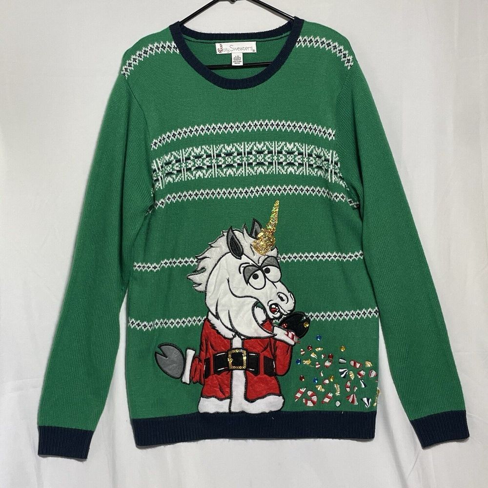 Jolly Sweaters Ugly Christmas Holiday Party Unicorn Santa Size Large Shirt Crew‎